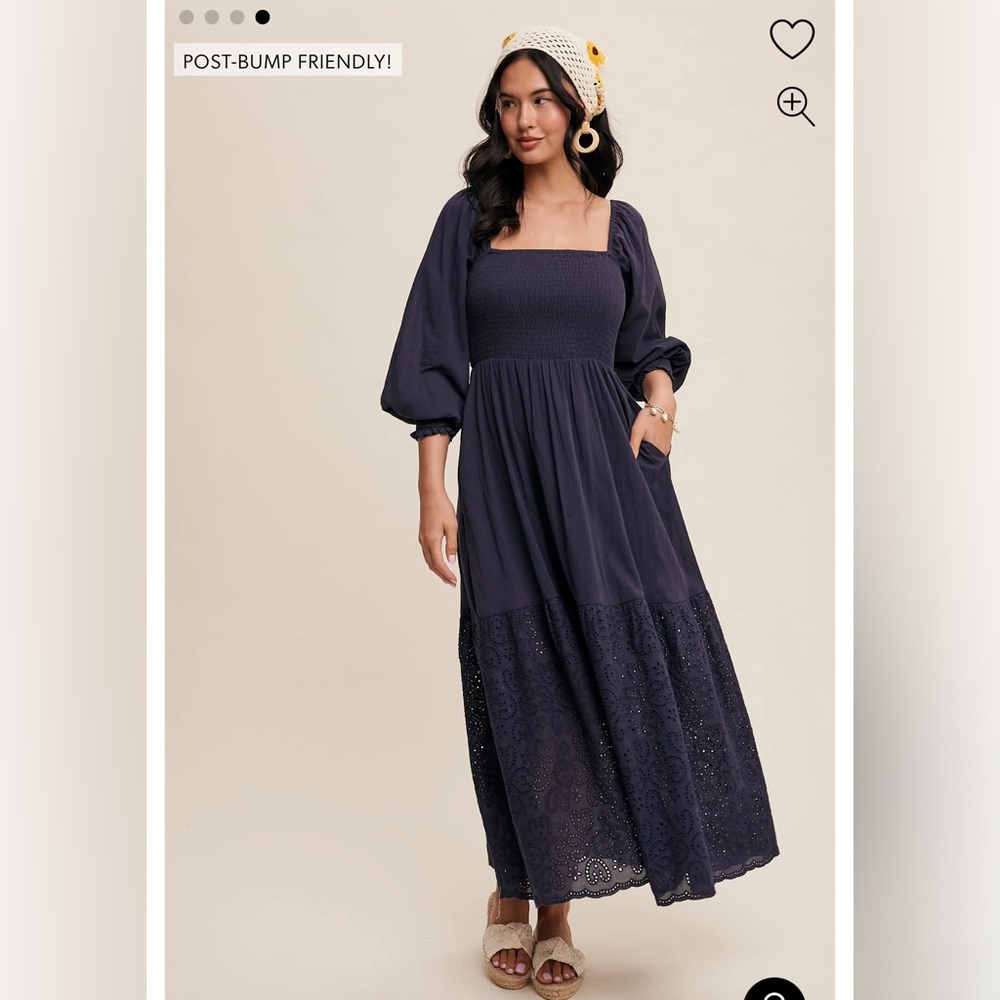 Navy Blue Smocked Eyelet Lace Hem Maternity Maxi Dress - Picture 3 of 4